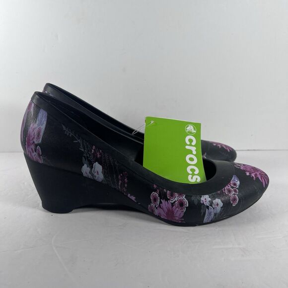 Crocs Shoes - Crocs Lina Wedge Black/Plum Floral Slip On Shoes Women's Size 7 - New with Tags